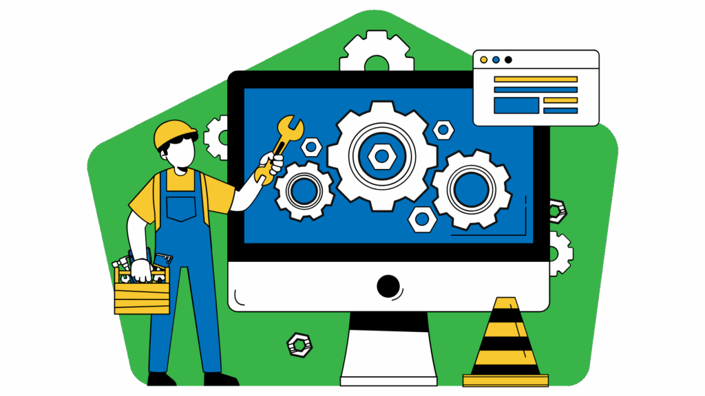 Image of a construction worker working on a website on a desktop